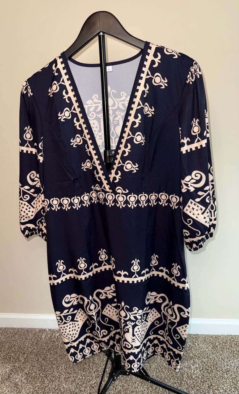 Blue Zone Planet Navy and Tan Ethnic Print Boho V-Neck Midi Dress